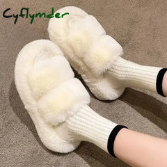 Cyflymder Winter Fluffy Slippers Women New House Home Fur Slippers For Women Flat Platform Cozy Fuzzy Indoor Shoes