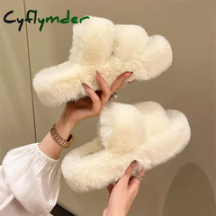 Cyflymder Winter Fluffy Slippers Women New House Home Fur Slippers For Women Flat Platform Cozy Fuzzy Indoor Shoes