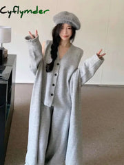 Cyflymder Winter French Knitted Suits 3 Piece Set Women Casual Long Cardigan + Vintage Vest + Office Lady Long Pants