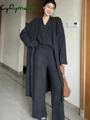 Cyflymder Winter French Knitted Suits 3 Piece Set Women Casual Long Cardigan + Vintage Vest + Office Lady Long Pants