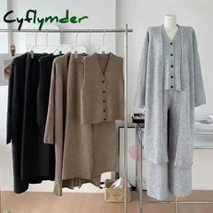 Cyflymder Winter French Knitted Suits 3 Piece Set Women Casual Long Cardigan + Vintage Vest + Office Lady Long Pants