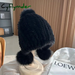 Cyflymder Winter Hot Sale Real Mink Fur Hat For Women Knitted Mink Fur Ear Warm Cap The Spiral Beanies Cap With Fox Fur