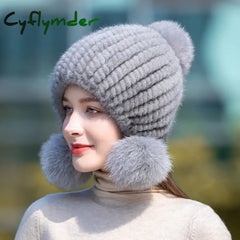 Cyflymder Winter Hot Sale Real Mink Fur Hat For Women Knitted Mink Fur Ear Warm Cap The Spiral Beanies Cap With Fox Fur