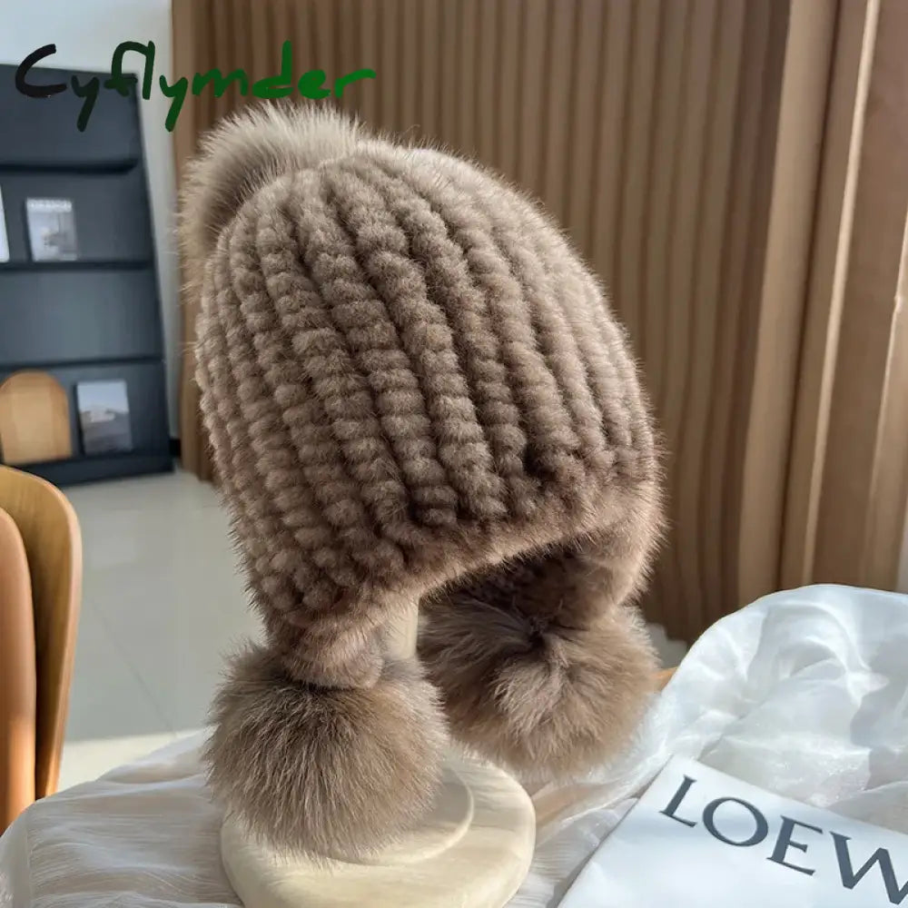 Cyflymder Winter Hot Sale Real Mink Fur Hat For Women Knitted Mink Fur Ear Warm Cap The Spiral Beanies Cap With Fox Fur
