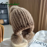 Cyflymder Winter Hot Sale Real Mink Fur Hat For Women Knitted Mink Fur Ear Warm Cap The Spiral Beanies Cap With Fox Fur