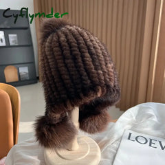 Cyflymder Winter Hot Sale Real Mink Fur Hat For Women Knitted Mink Fur Ear Warm Cap The Spiral Beanies Cap With Fox Fur