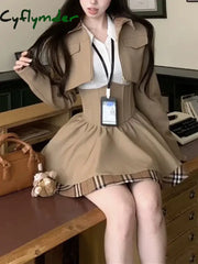 Cyflymder Winter Japanese Sweet New 3 Piece Sets Women Plaid Blazer Coat + Solid Blouse + Retro Skirt Set Korean