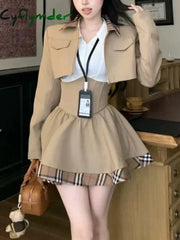 Cyflymder Winter Japanese Sweet New 3 Piece Sets Women Plaid Blazer Coat + Solid Blouse + Retro Skirt Set Korean