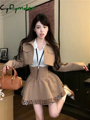 Cyflymder Winter Japanese Sweet New 3 Piece Sets Women Plaid Blazer Coat + Solid Blouse + Retro Skirt Set Korean