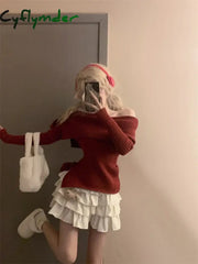 Cyflymder Winter Kawaii Sweet 2 Piece Set Woman Off Shoulder Bow Knitted Tops + Mini Cake Skirt