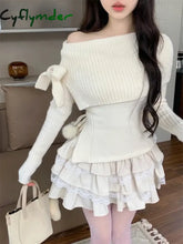 Winter Kawaii Sweet 2 Piece Set Woman Off Shoulder Bow Knitted Tops + Mini Cake Skirt Female Korean Fashion Casual Suit 2024 New