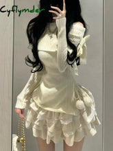 Cyflymder Winter Kawaii Sweet 2 Piece Set Woman Off Shoulder Bow Knitted Tops + Mini Cake Skirt