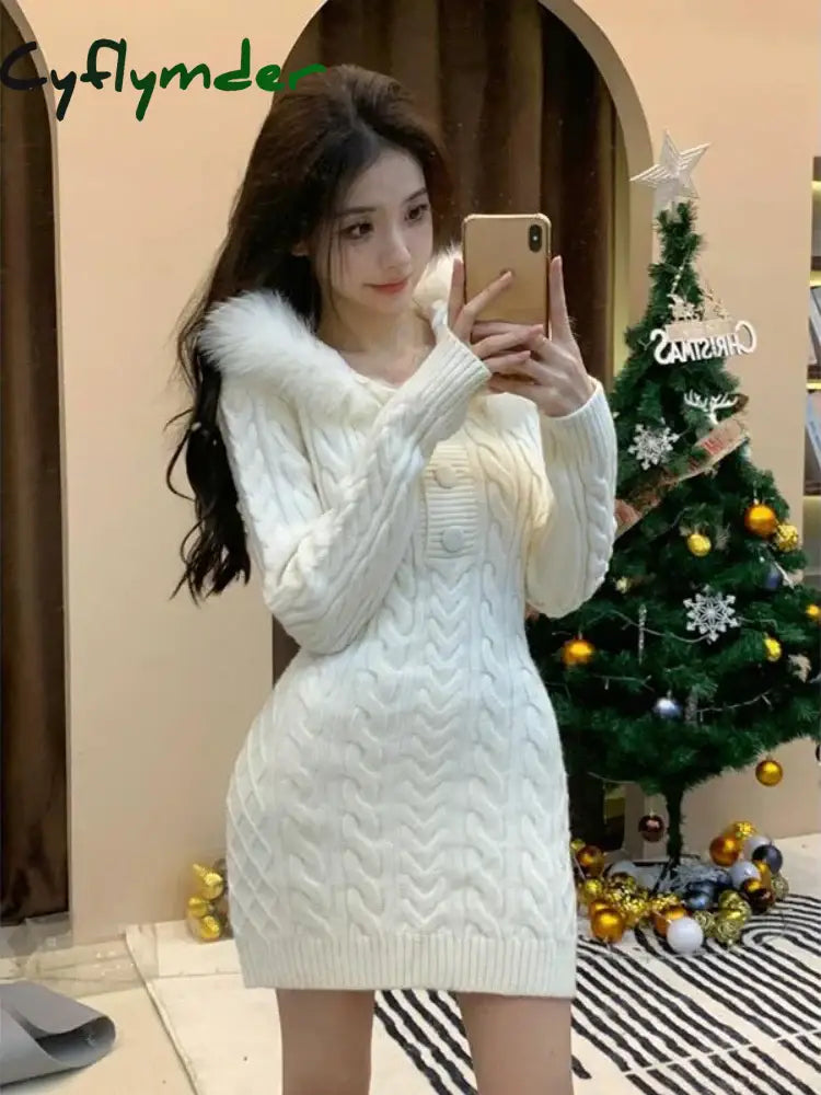Cyflymder Winter Knitted Sweater Dress Hooded Women Slim Bodycon Y2k Mini Dress Faux Fur Female One Piece Dress Korean
