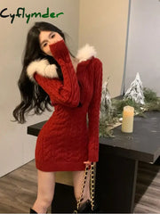 Cyflymder Winter Knitted Sweater Dress Hooded Women Slim Bodycon Y2k Mini Dress Faux Fur Female One Piece Dress Korean