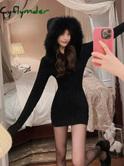 Cyflymder Winter Knitted Sweater Dress With Hooded Women Slim Bodycon Y2K Mini Faux Fur Female One