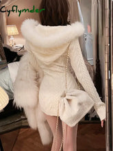 Cyflymder Winter Knitted Sweater Dress With Hooded Women Slim Bodycon Y2K Mini Faux Fur Female One