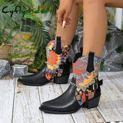 Cyflymder Winter New Fashion Leather Ankle Boots Women Thick Heels Pointed Toe Western Cowboy Short Boots Pointed Toed