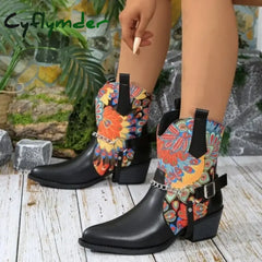 Cyflymder Winter New Fashion Leather Ankle Boots Women Thick Heels Pointed Toe Western Cowboy Short Boots Pointed Toed