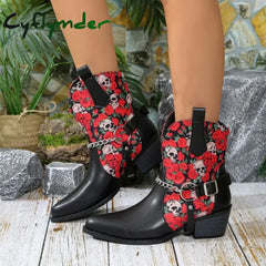 Cyflymder Winter New Fashion Leather Ankle Boots Women Thick Heels Pointed Toe Western Cowboy Short Boots Pointed Toed