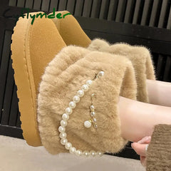 Cyflymder Winter New String Bead Plush Women’s Boots Warm Stylish Thick Platform Slip On Boots Faux Fur Plus Size 43