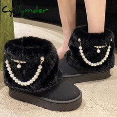 Cyflymder Winter New String Bead Plush Women’s Boots Warm Stylish Thick Platform Slip On Boots Faux Fur Plus Size 43