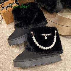 Cyflymder Winter New String Bead Plush Women’s Boots Warm Stylish Thick Platform Slip On Boots Faux Fur Plus Size 43