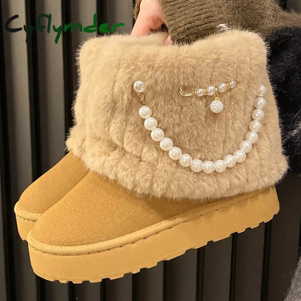 Cyflymder Winter New String Bead Plush Women’s Boots Warm Stylish Thick Platform Slip On Boots Faux Fur Plus Size 43