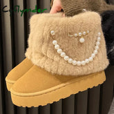 Cyflymder Winter New String Bead Plush Women’s Boots Warm Stylish Thick Platform Slip On Boots Faux Fur Plus Size 43