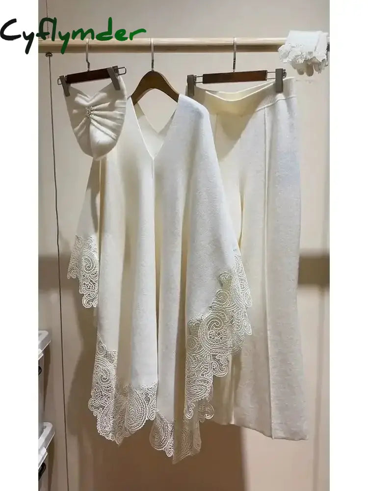 Cyflymder WINTER OUTFITS Autumn and Winter New High-end Light Luxury Temperament Loose Knitted Cape Sweater Pants Set