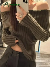 Cyflymder WINTER OUTFITS Autumn Winter Rib Knitted Off The Shoulder Pullover Sweater Sexy Women Full Sleeve Sweater