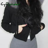 Cyflymder WINTER OUTFITS Korean Style Faux Feather Hooded Jacket Black Casual Basic Zipper Cardigan Chic Elegant