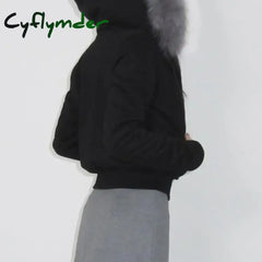 Cyflymder WINTER OUTFITS Korean Style Faux Feather Hooded Jacket Black Casual Basic Zipper Cardigan Chic Elegant