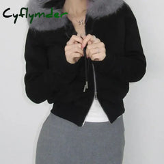 Cyflymder WINTER OUTFITS Korean Style Faux Feather Hooded Jacket Black Casual Basic Zipper Cardigan Chic Elegant