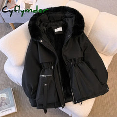 Cyflymder WINTER OUTFITS New Fashion Women Winter Jacket Fake Fur Collar Oversized Long Coat Hooded Warm Lining Female