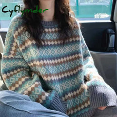 Cyflymder WINTER OUTFITS New Korean Loose Diamond Grid Sweater for Women’s Niche Knitwear Retro Casual and Lazy Style