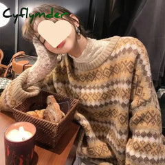 Cyflymder WINTER OUTFITS New Korean Loose Diamond Grid Sweater for Women’s Niche Knitwear Retro Casual and Lazy Style