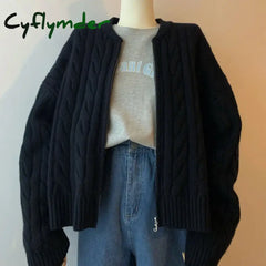 Cyflymder WINTER OUTFITS New Style Solid Color Zipper Knitted Cardigan Women Autumn Winter Casual Twist Long Sleeve