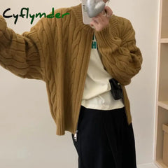 Cyflymder WINTER OUTFITS New Style Solid Color Zipper Knitted Cardigan Women Autumn Winter Casual Twist Long Sleeve