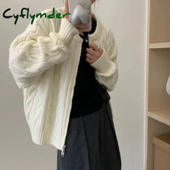 Cyflymder WINTER OUTFITS New Style Solid Color Zipper Knitted Cardigan Women Autumn Winter Casual Twist Long Sleeve