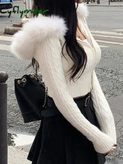Cyflymder WINTER OUTFITS Sweet Furry Trim Hooded Knitted Cropped Cardigans Slim Zipper Long Sleeve Sweaters Women