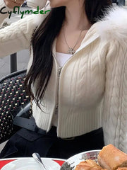 Cyflymder WINTER OUTFITS Sweet Furry Trim Hooded Knitted Cropped Cardigans Slim Zipper Long Sleeve Sweaters Women