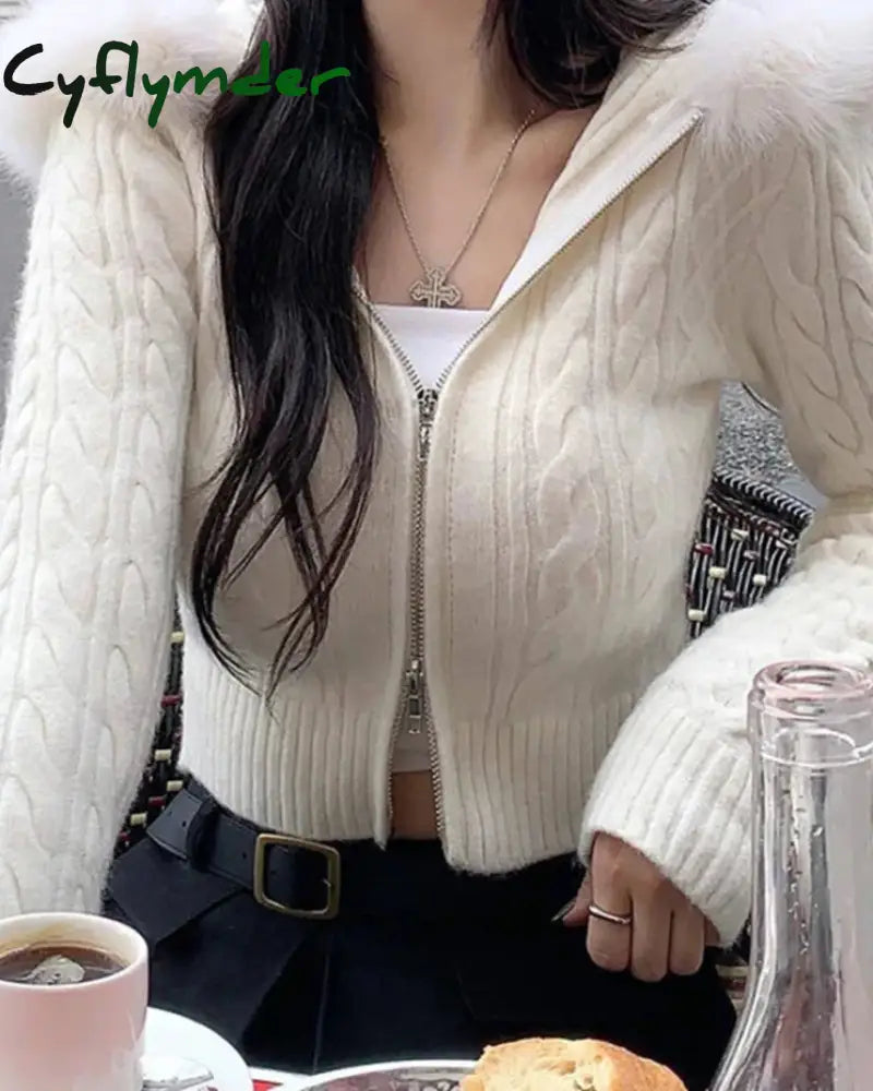 Cyflymder WINTER OUTFITS Sweet Furry Trim Hooded Knitted Cropped Cardigans Slim Zipper Long Sleeve Sweaters Women
