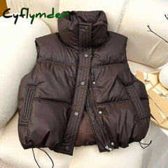 Cyflymder WINTER OUTFITS Women Casual Solid Warm Sleeveless Vest Coat Mock Neck PU Thicken Jacket Button Up Loose Women