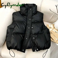 Cyflymder WINTER OUTFITS Women Casual Solid Warm Sleeveless Vest Coat Mock Neck PU Thicken Jacket Button Up Loose Women