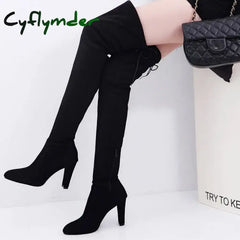 Cyflymder Winter Over The Knee Women Boots Stretch Fabrics High Heel Slip On Shoes Pointed Toe Woman Long Boots Size