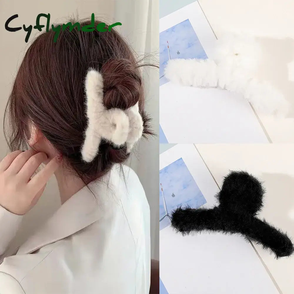 Cyflymder Winter Plush Hair Claw Elegant Acrylic Hairpins Faux Fur Clip Barrette Crab Headwear For