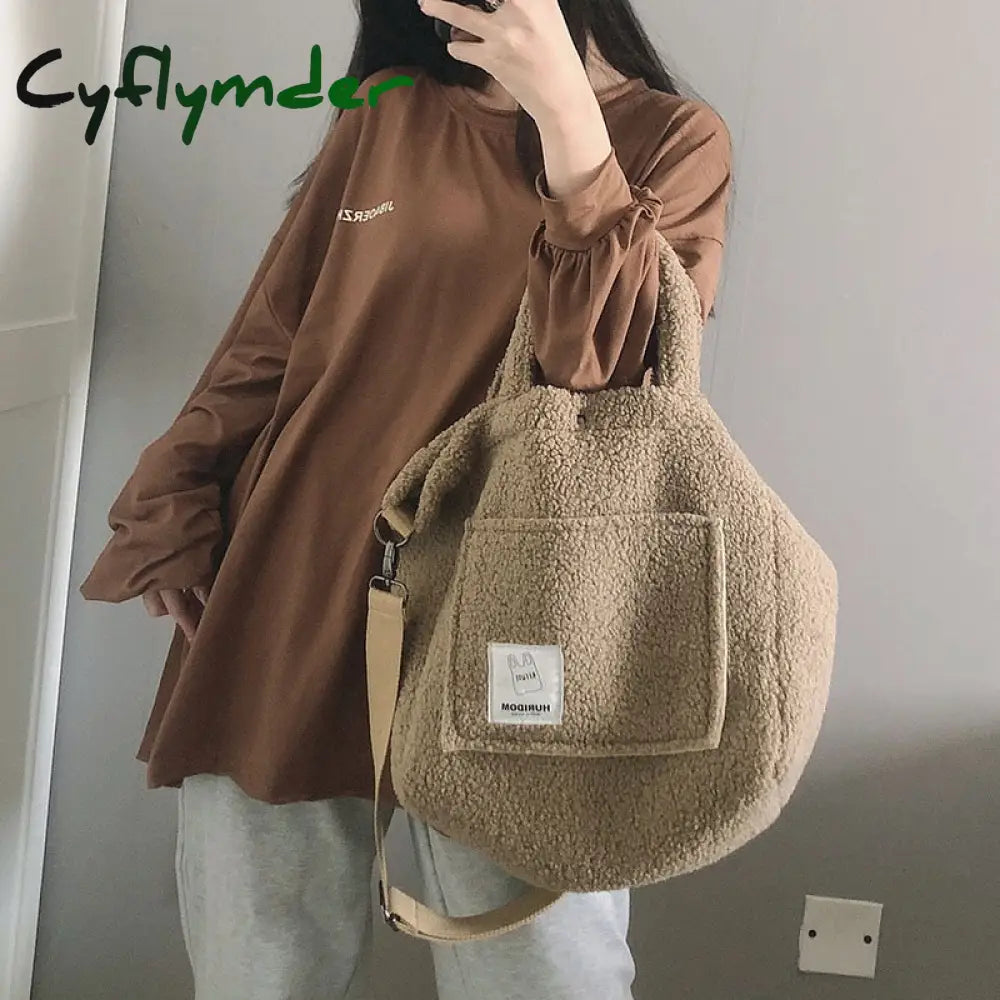 Cyflymder Winter Portable Shoulder Bag Plush Handbags Fashion Women Large Capacity Street Totes