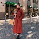 Cyflymder Winter Trench Coat For Women Elegant Fashion Korean Casual Thick Wool Coat Red Lace-up Long Jacket Black