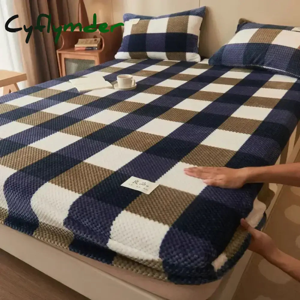 Cyflymder Winter Warm Coral Fleece Fitted Sheet Elastic Mattress Cover 150x200 Fluffy Plush Bed Linen Luxury Double Bed
