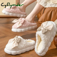Cyflymder Winter Warm Fur Slippers for Women Cute Bow House Non Slip Soft Shoes Comfort Flat Heel Home Indoor Bedroom